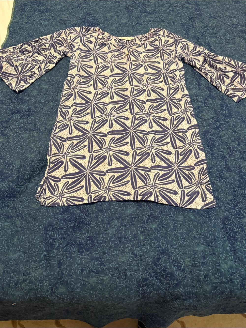BluThreads Tunic by RockFlowerPaper. Dark Blue White Starfish Print. Size S